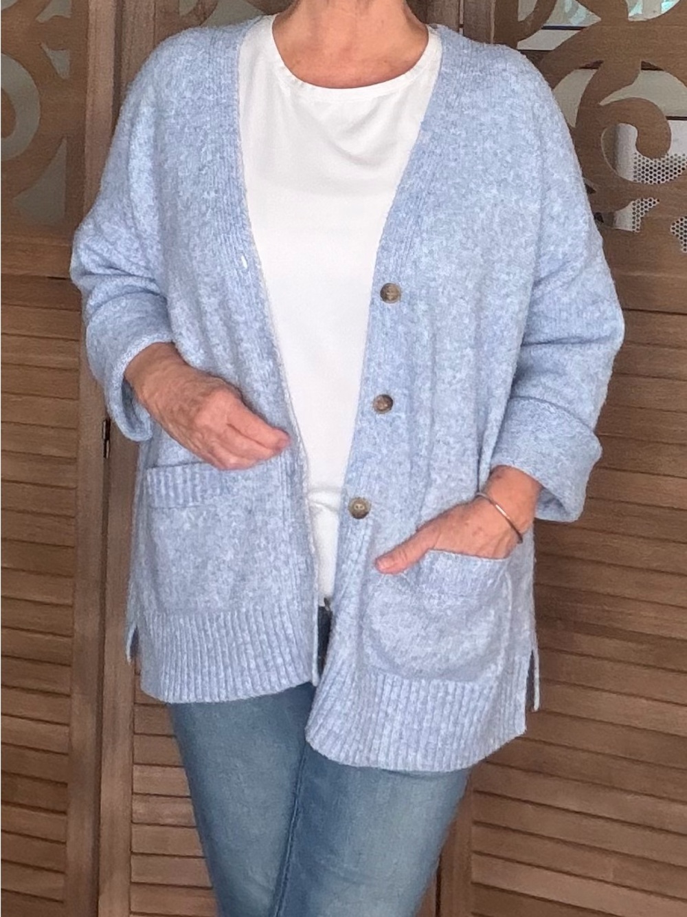 Ella Moss Light Blue Button-Front Pocket Cardigan -LG